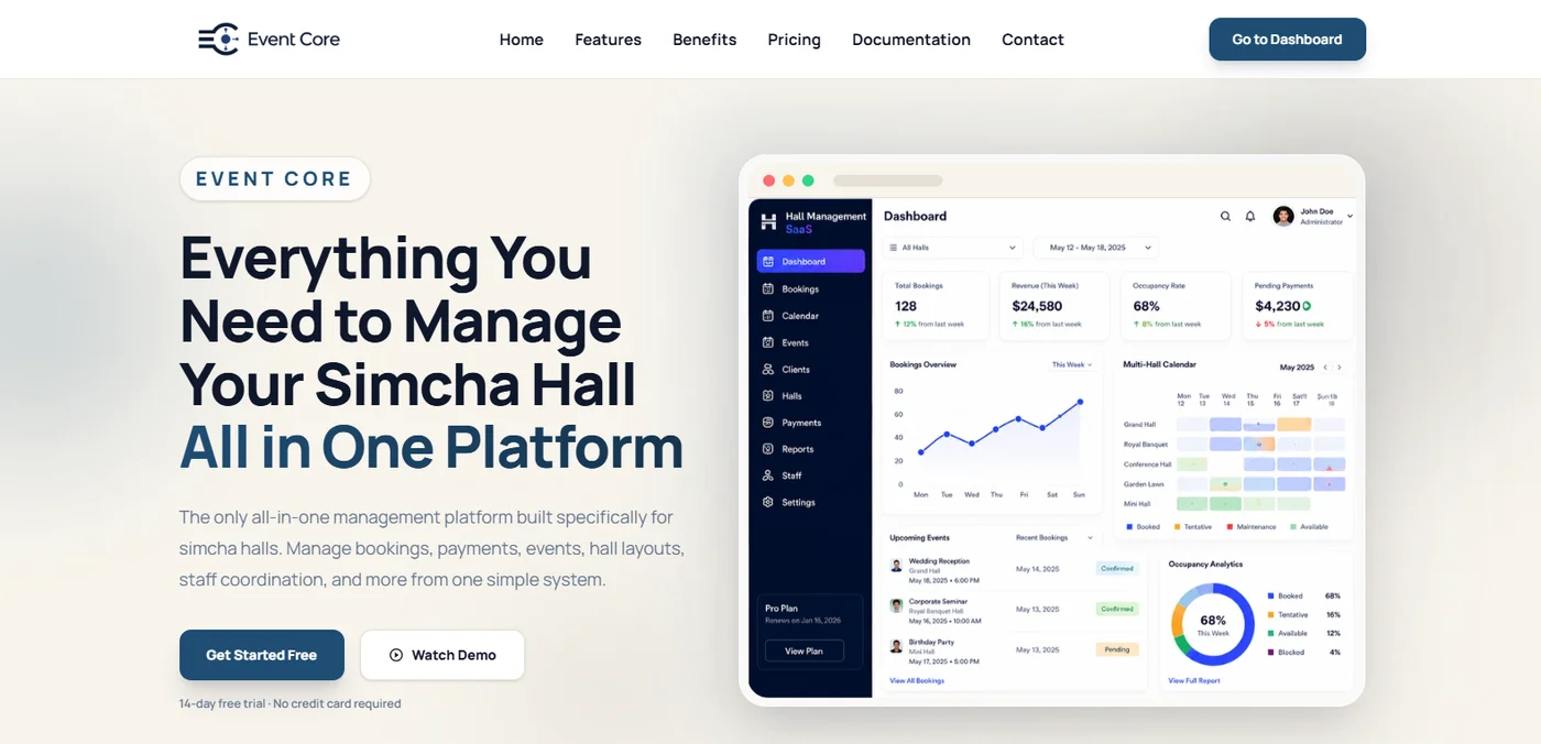 Event Core landing page with the hall management dashboard preview