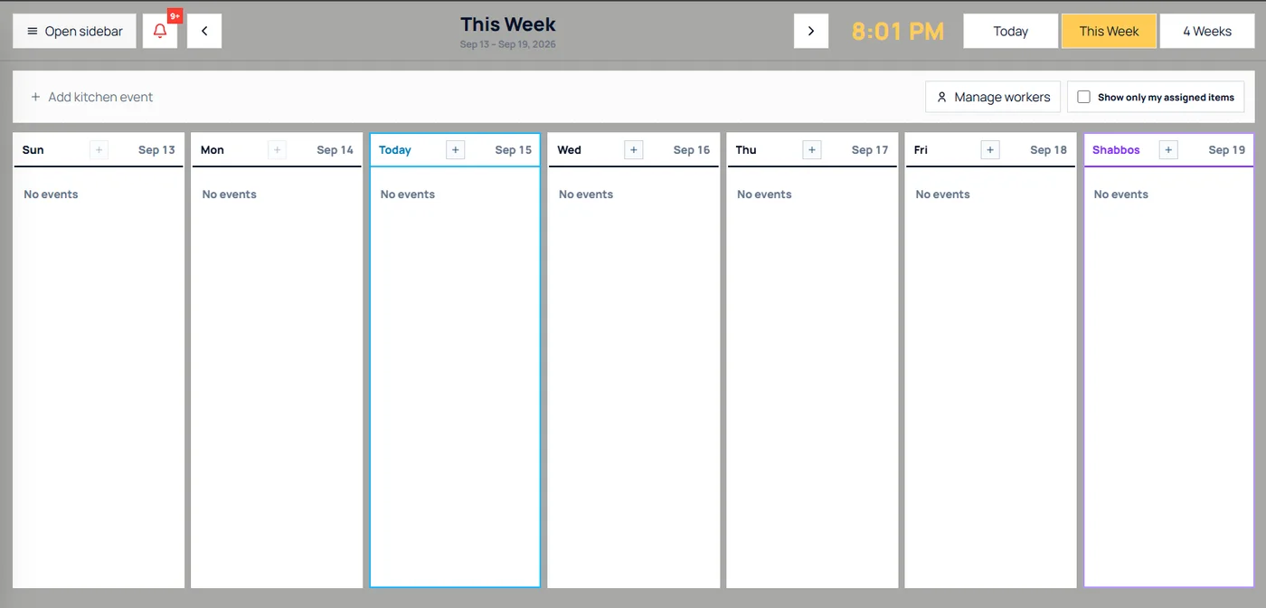 Event Core kitchen calendar showing the weekly view with a column per day, Shabbos highlighted, and controls for adding kitchen events and managing workers