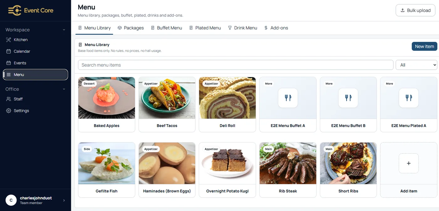Event Core menu module showing the menu library grid with food items, category badges, search, and tabs for packages, buffet, plated, drinks, and add-ons