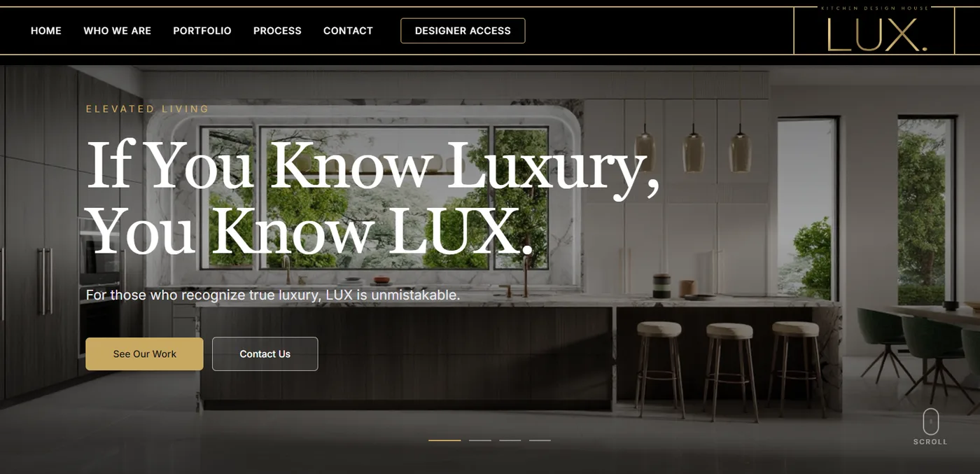 Lux Kitchens homepage and designer access preview