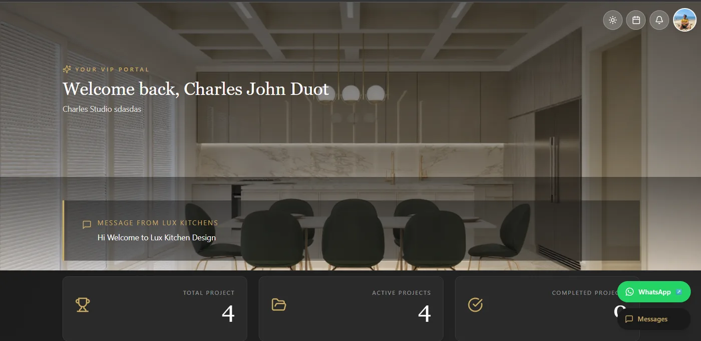 Lux Kitchens designer portal dashboard preview