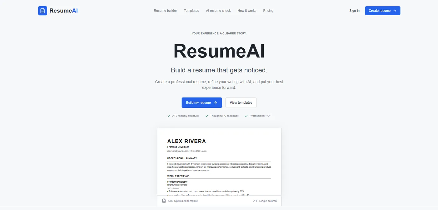 ResumeAI landing page with a sample resume preview