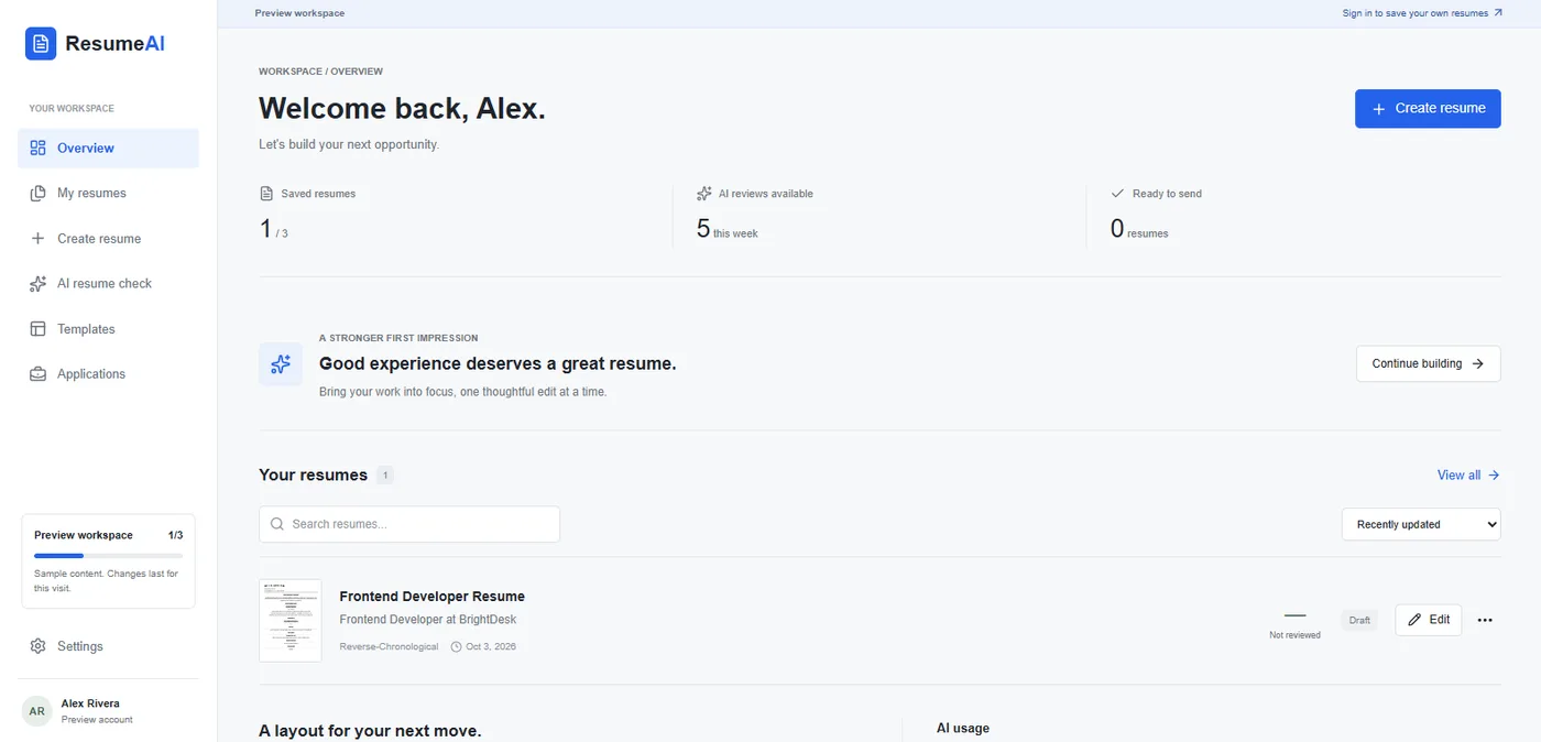 ResumeAI workspace overview with saved resume count, weekly AI reviews, and the resume list