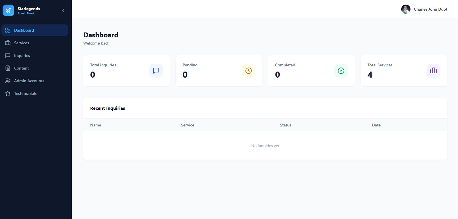 Starlegends admin dashboard interface
